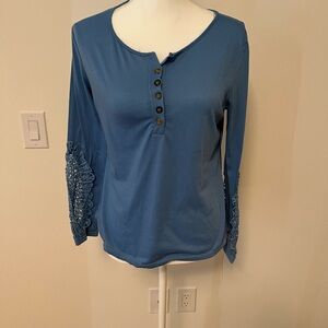 Lucky Brand Blue Henley Blouse with Lace Accents